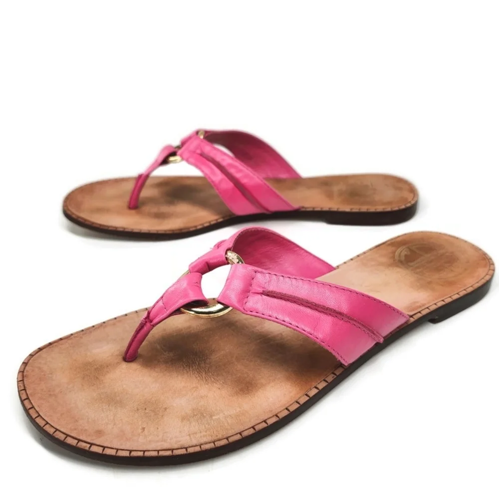 Lilly Pulitzer via Palm Beach McKim Pink Leather Gold Ring Thong Slide Sandals